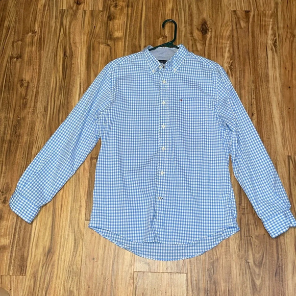 Tommy Hilfiger men’s shirt medium blue white gingham check button down casual - Picture 1 of 6